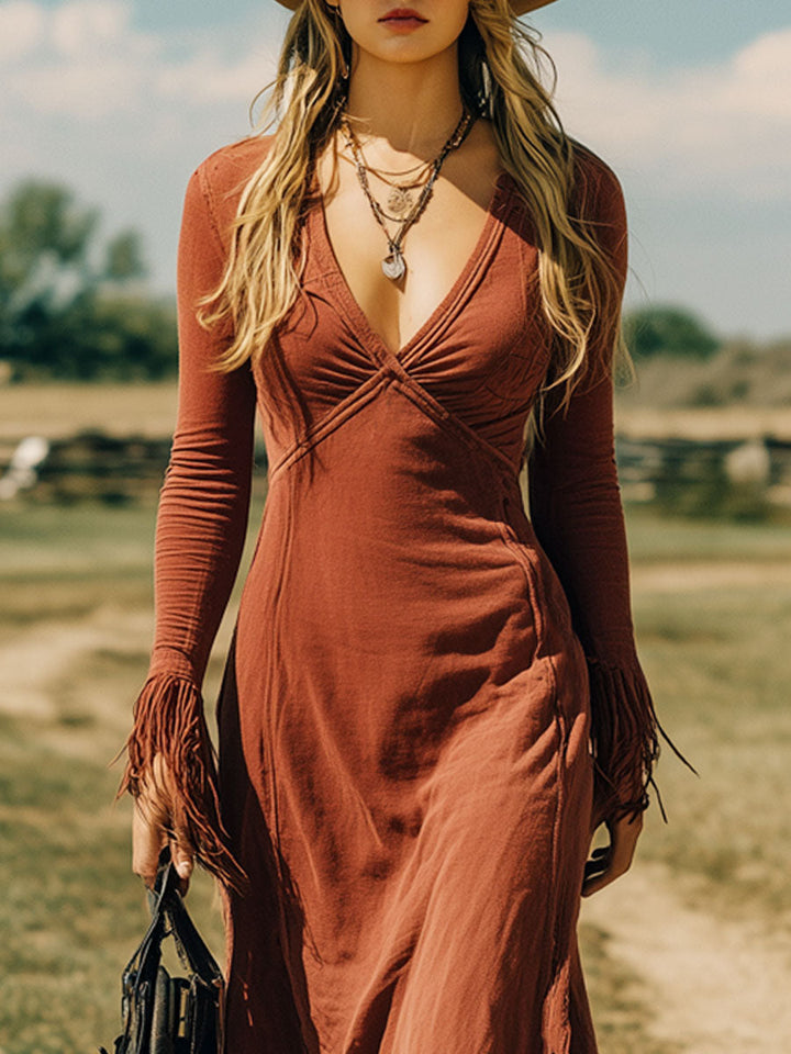 Western Retro Brick Red Cotton Long Sleeve Tassel Maxi Dress