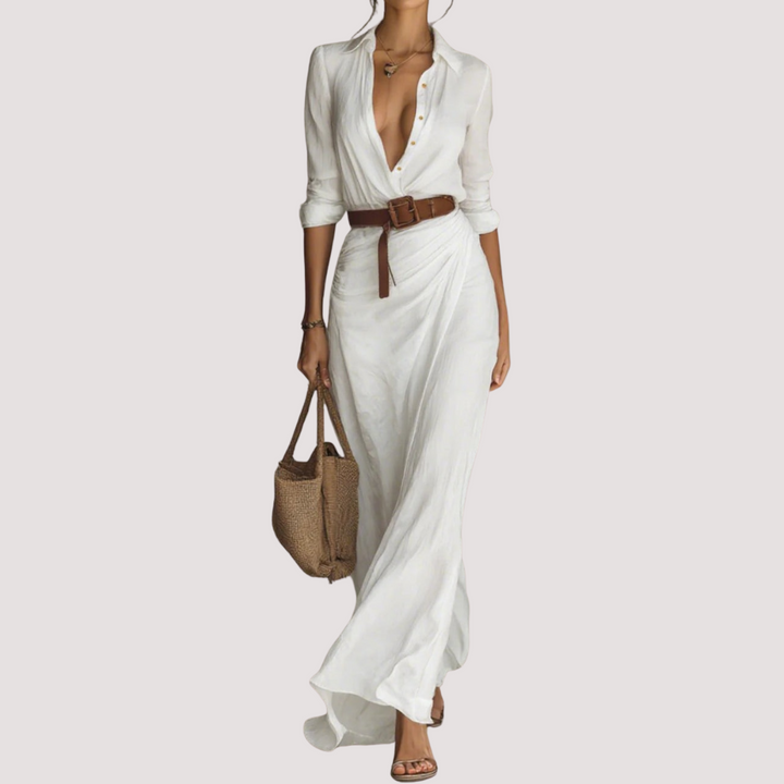 Norevana - Vestido Largo con Cinturón, Mangas Largas y Solapas