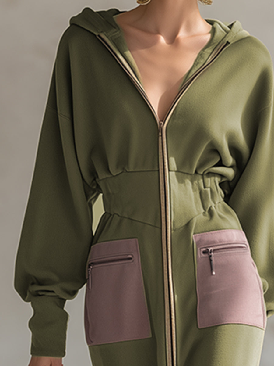 Elegant Olive Green Hooded Narrow Waist Zip-up Sweatshirt Long Sleeve Maxi Dress