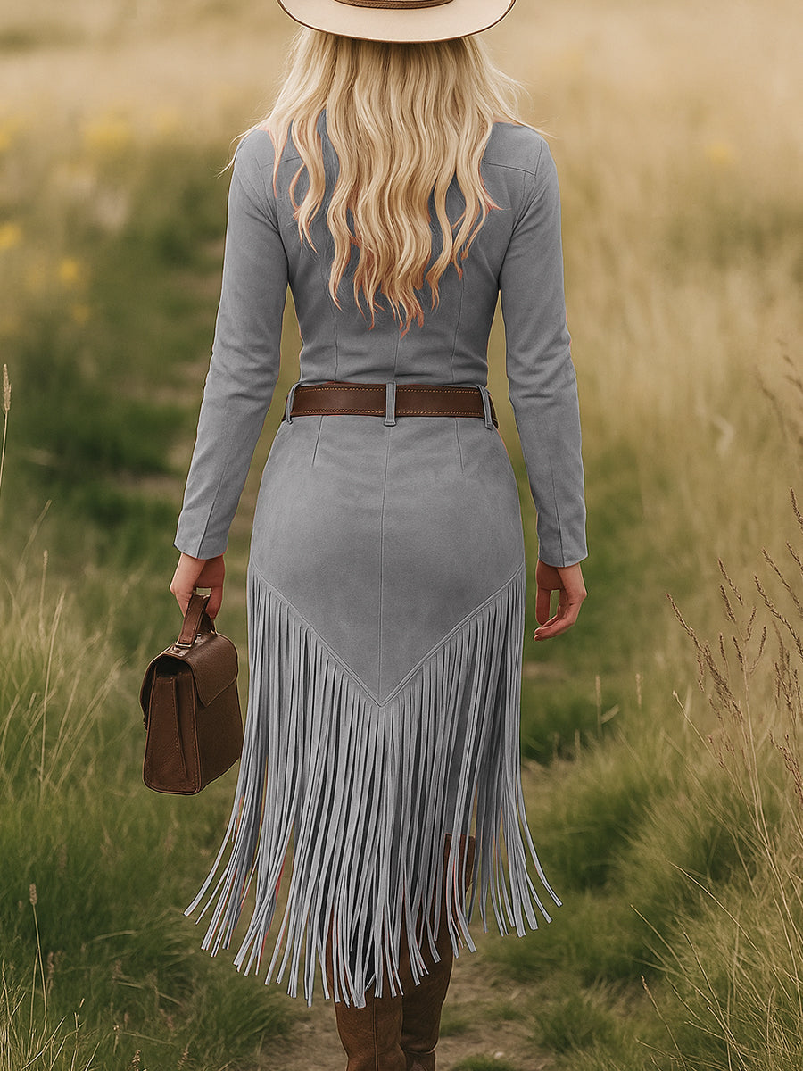 Retro Western Lapel Zipper Long Sleeve Tassel Midi Dress