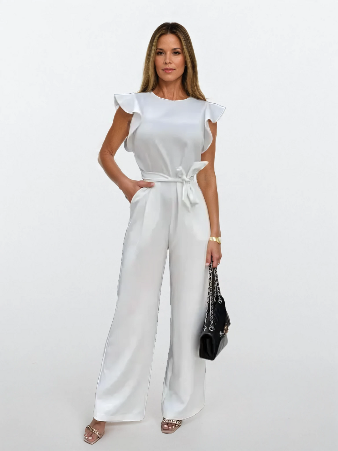 Florentine Elegance | Luxe Jumpsuit met Vlindermouwen en Brede Pijpen