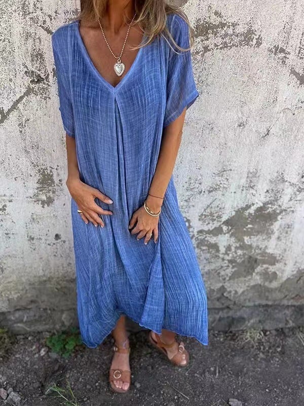 Linen & Cotton V-Neck Midi Dress