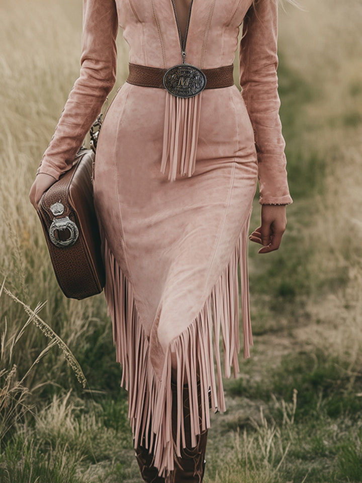 Western Retro Pink Long-sleeved Tassel Midi Dress