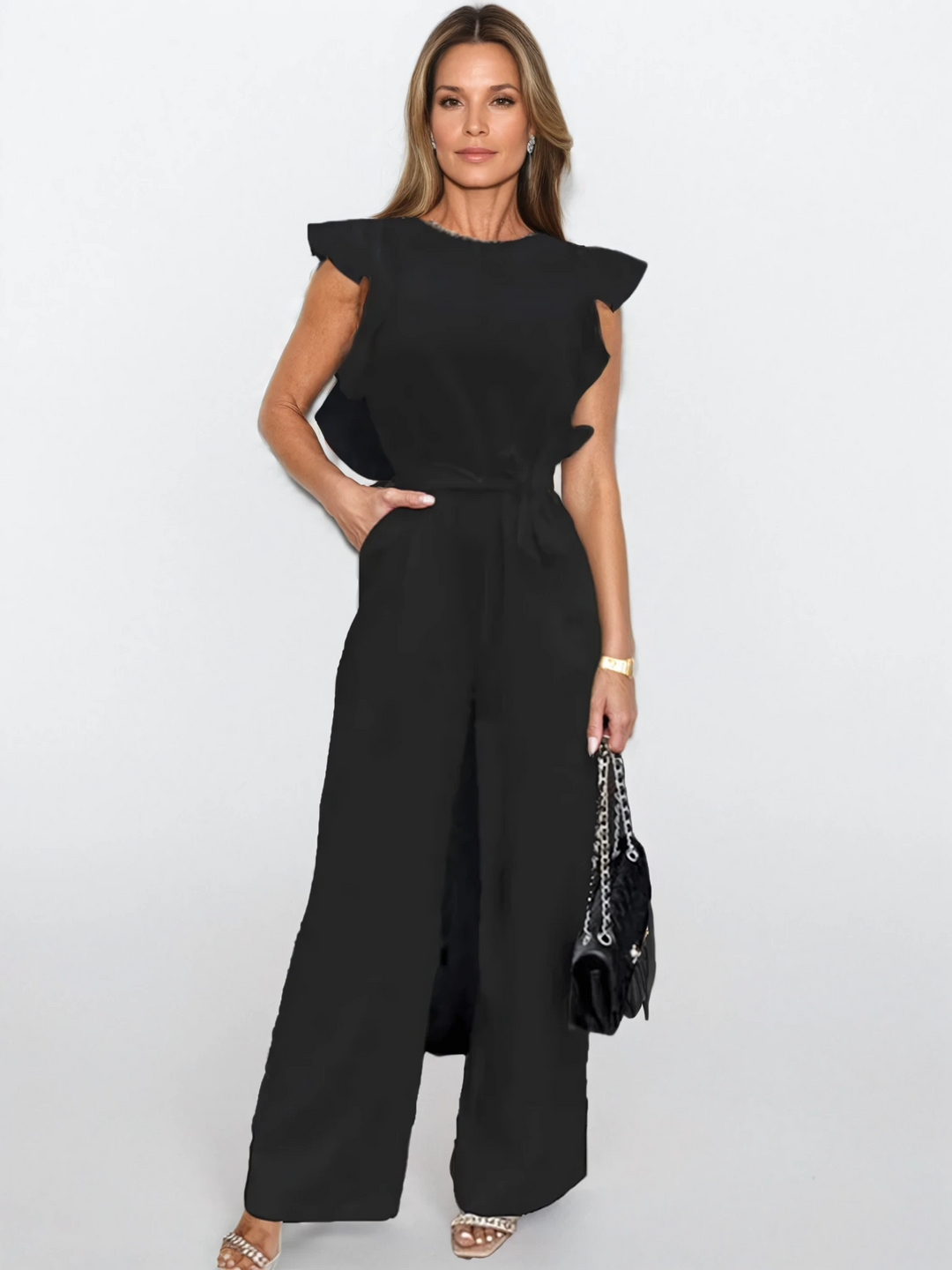 Florentine Elegance | Luxe Jumpsuit met Vlindermouwen en Brede Pijpen