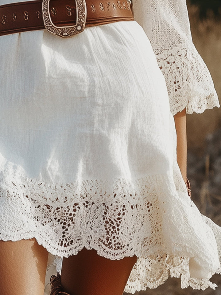 White Linen V-Neck Lace Midi Dress