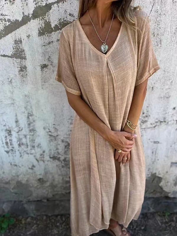 Linen & Cotton V-Neck Midi Dress