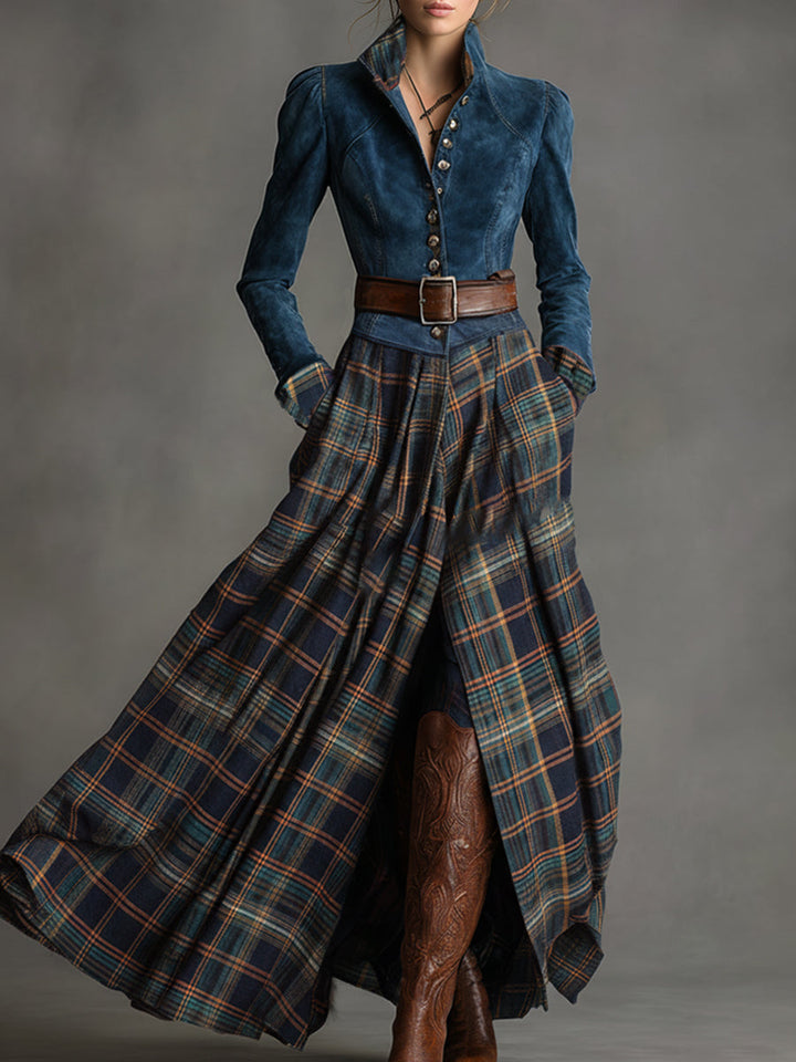 Retro Ethnic Style Belt Blue Faux Suede Plaid Maxi Dress