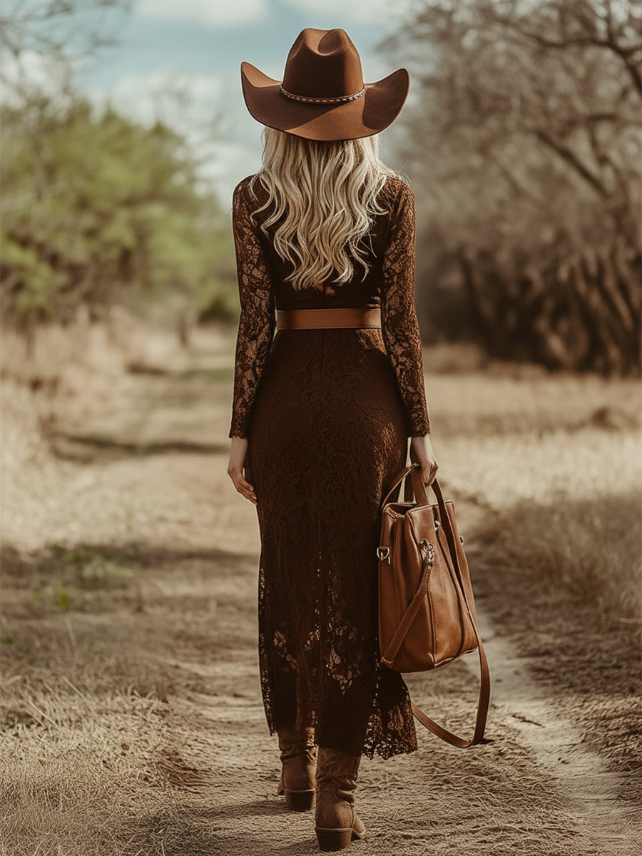 Vintage Bohemian Blue Lace Long Sleeve Midi Dress