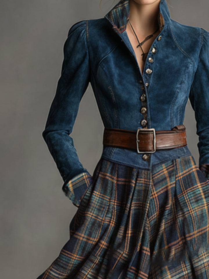 Retro Ethnic Style Belt Blue Faux Suede Plaid Maxi Dress