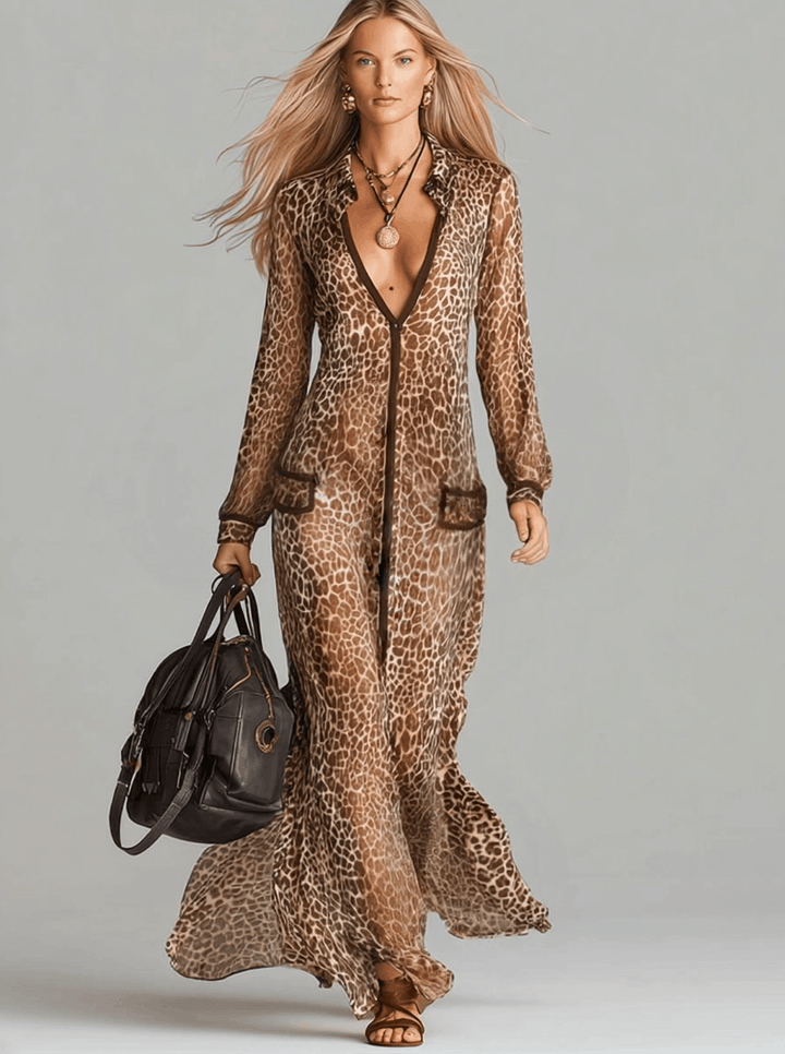 Elegant Brown Chiffon Leopard Print Long Sleeve Maxi Dress