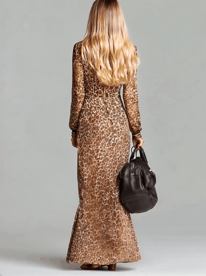 Elegant Brown Chiffon Leopard Print Long Sleeve Maxi Dress