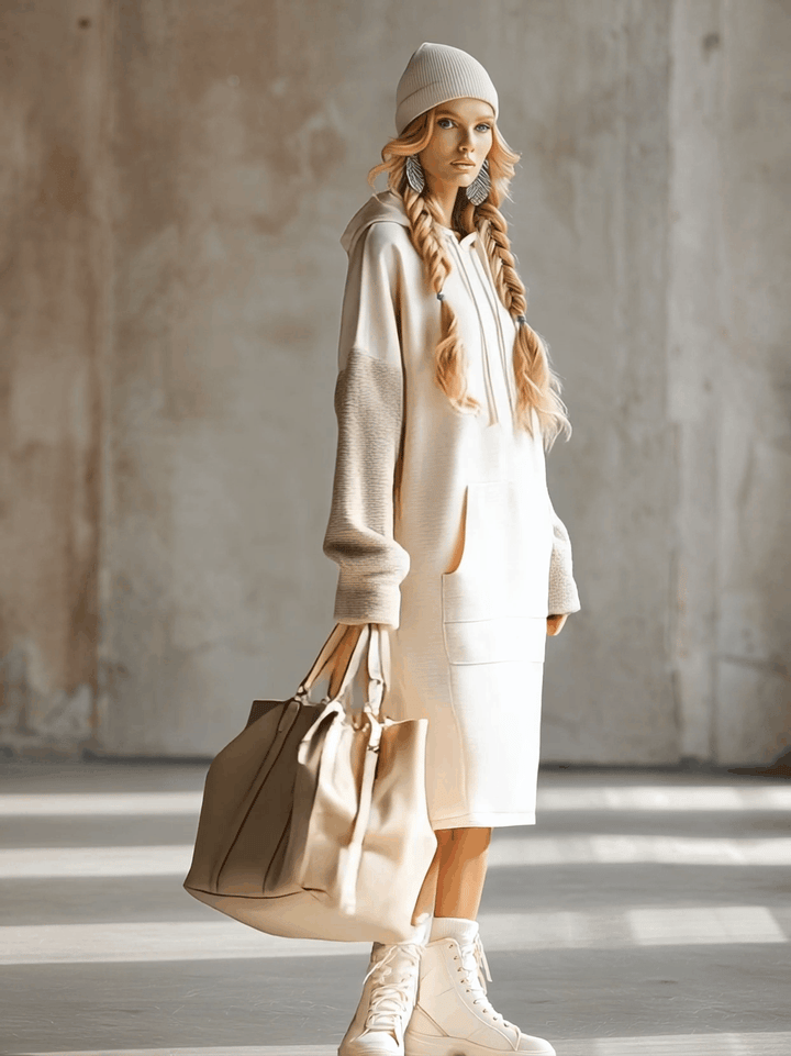 Fashionable Loose Hooded Polar Fleece Sleeve Beige Sweatshirt Midi Dress