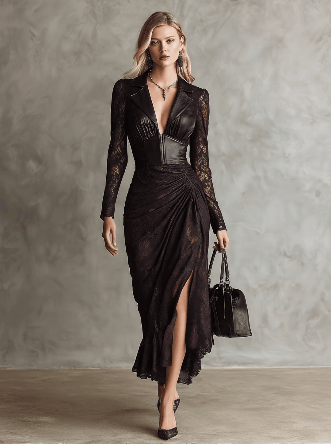 Retro Brown Leather-Style Maxi Dress