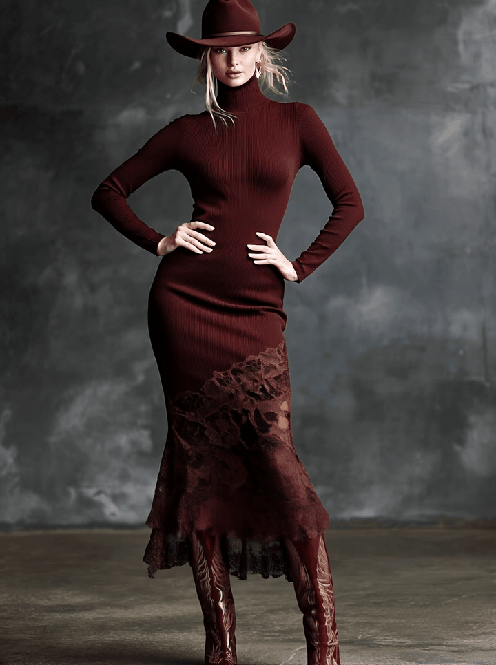 Simple And Elegant High-neck Lace Hem Burgundy Knitted Maxi Dress