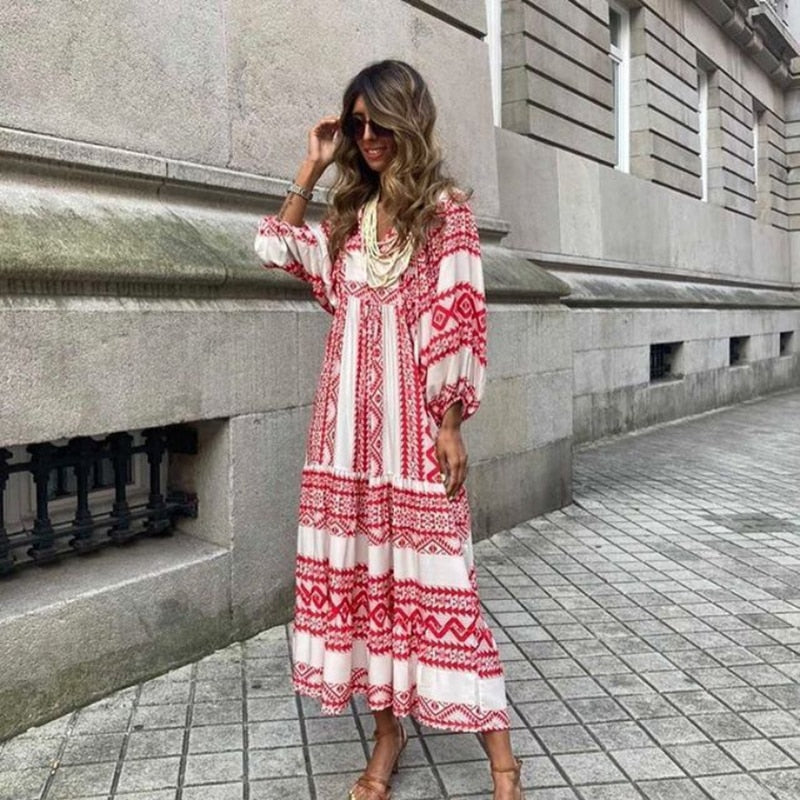 Chelsea™ – Bohemian V-Neck Dress with Puff Sleeves