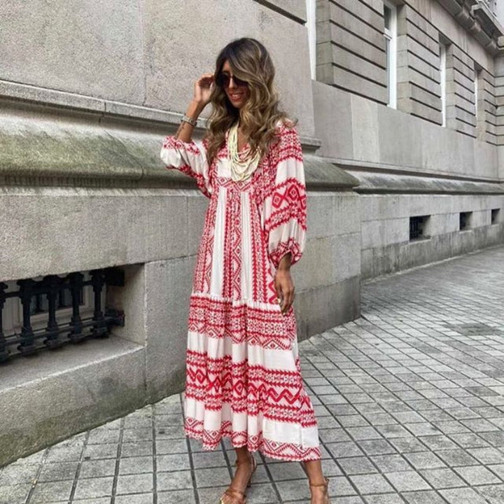 Chelsea™ – Bohemian V-Neck Dress with Puff Sleeves