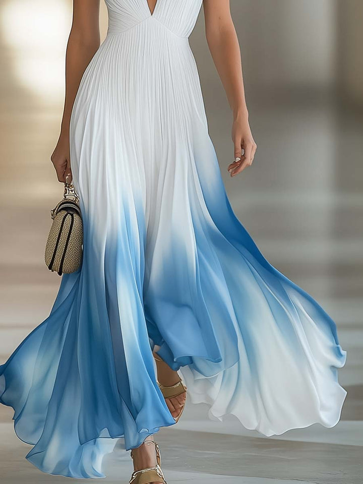 V-Neck Pleated Chiffon Gradient Maxi Dress