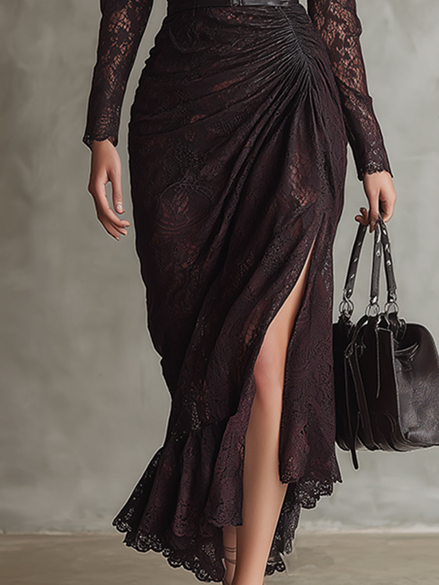 Retro Brown Leather-Style Maxi Dress