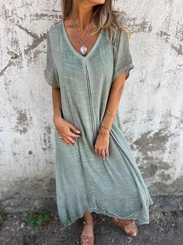 Linen & Cotton V-Neck Midi Dress
