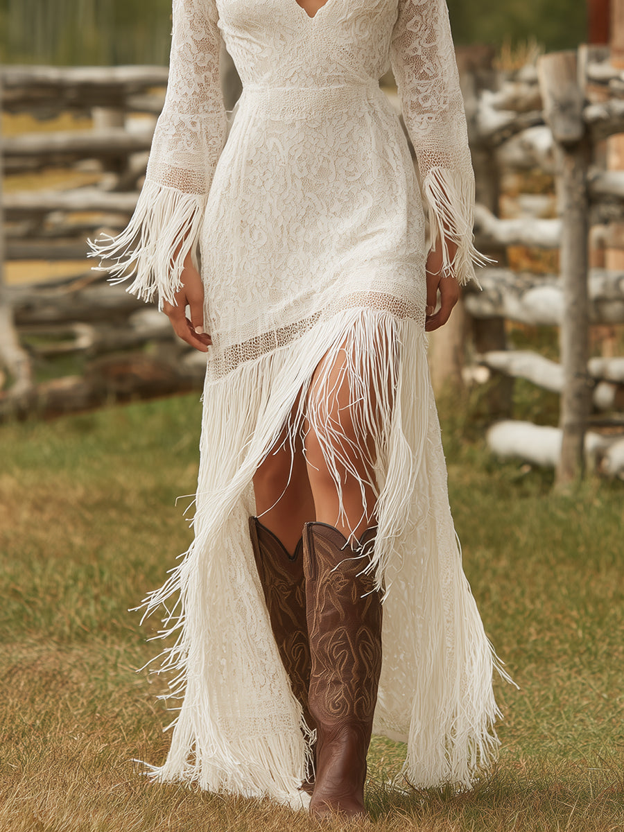 Retro White Lace V-neck Long Sleeve Tassel Short Front And Long Back Skirt Maxi Dress