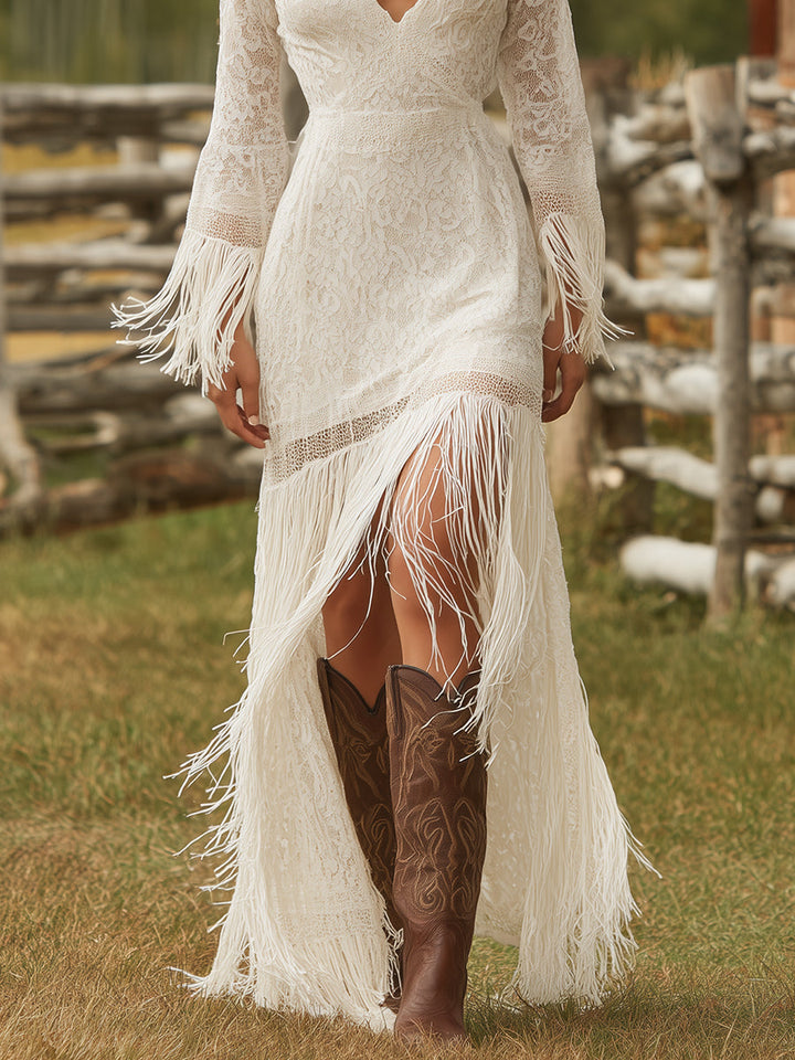 Retro White Lace V-neck Long Sleeve Tassel Short Front And Long Back Skirt Maxi Dress