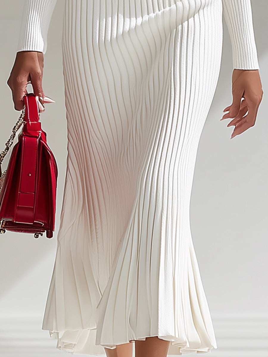 White Wool Lapel Button Design Maxi Dress