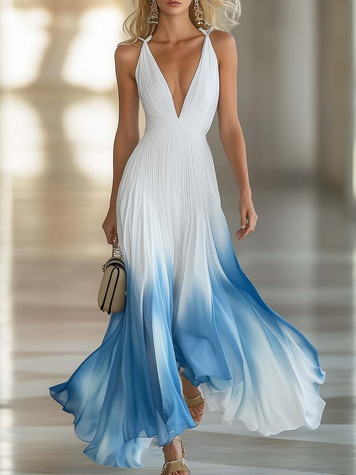 V-Neck Pleated Chiffon Gradient Maxi Dress
