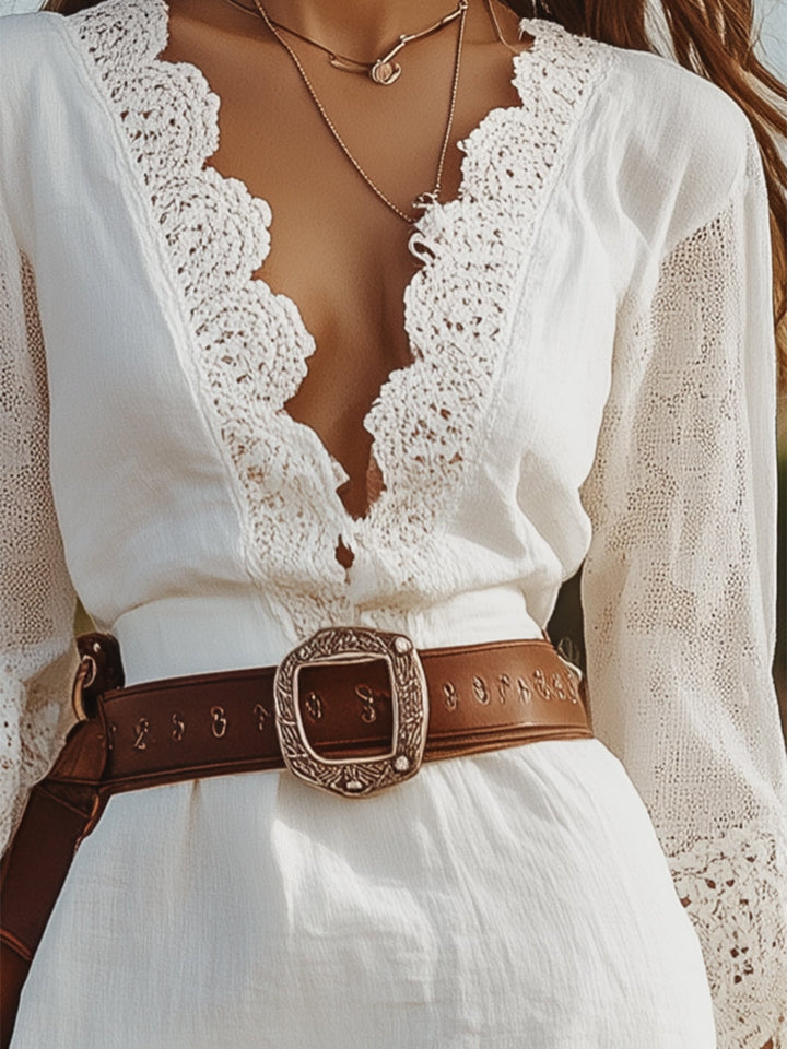 White Linen V-Neck Lace Midi Dress