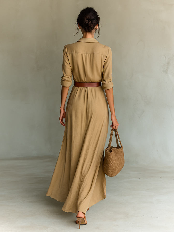 Norevana | Vestido Largo Estilo Maxi con Cintura Ajustada y Cuello Camisero