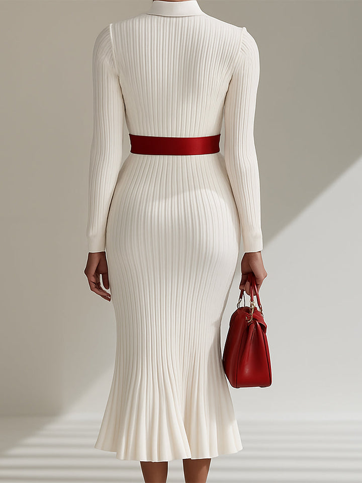 White Wool Lapel Button Design Maxi Dress