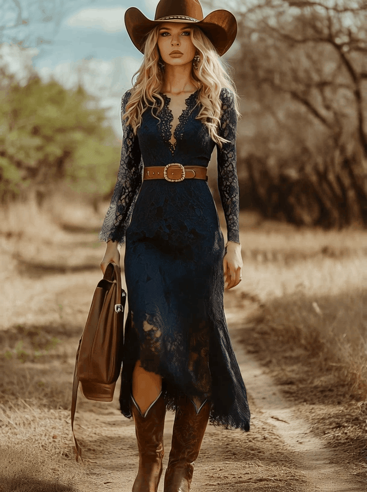 Vintage Bohemian Blue Lace Long Sleeve Midi Dress